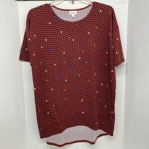 LuLaRoe Irma Dark Red Black Size Small High Low Tunic Length Geometric Pattern